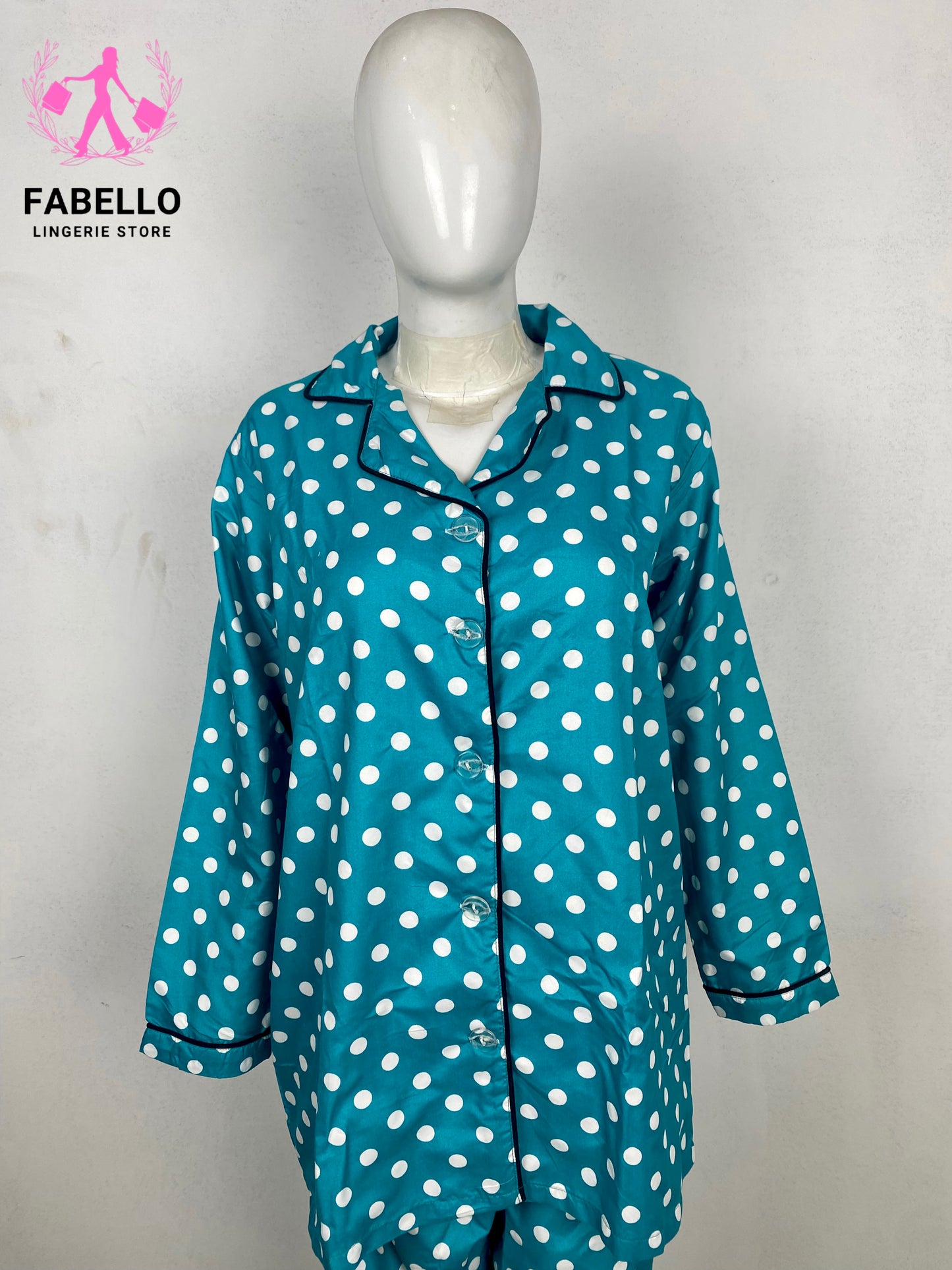 Fabello Turquoise Polka Dot Satin Pajama Set for Women
