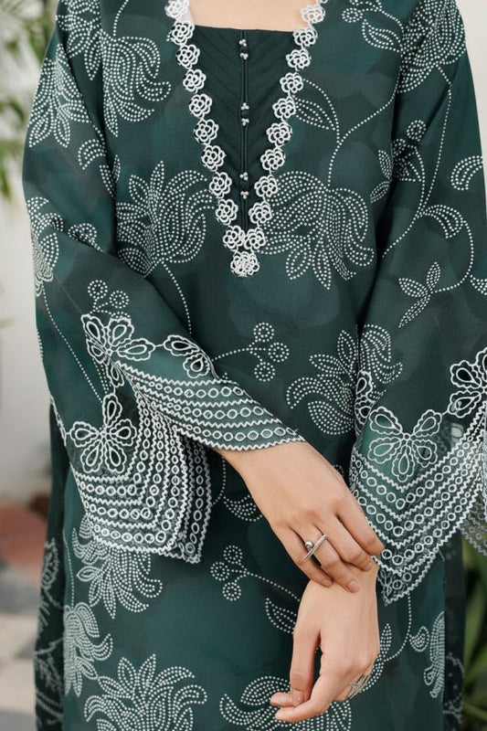 Farasha 3PC Unstitched Printed Suit Green - Winter Wear