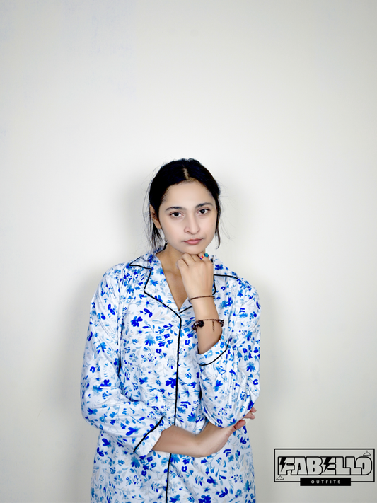 Zara Women’s Blue Floral Night Suit – Soft Cotton Sleepwear Set in Pakistan