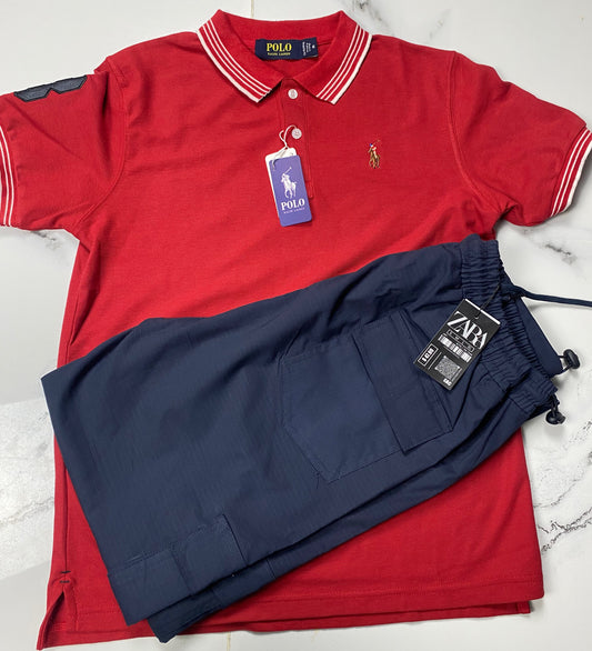 Men's Striped Accents Ralph Lauren Polo Shirt With Zara Trouser - Risk Red A206