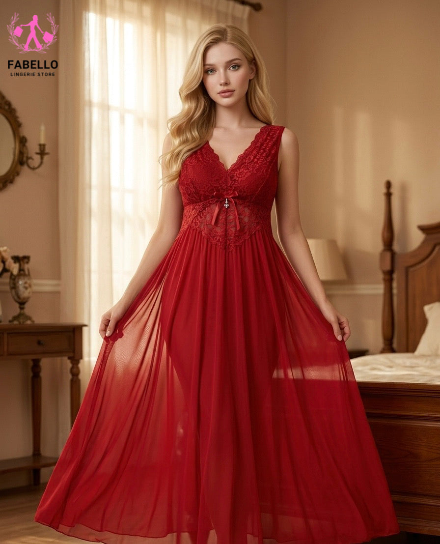 Fabello Red Lace Bridal Nighty for Women