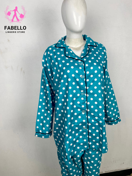 Fabello Turquoise Polka Dot Satin Pajama Set for Women 
