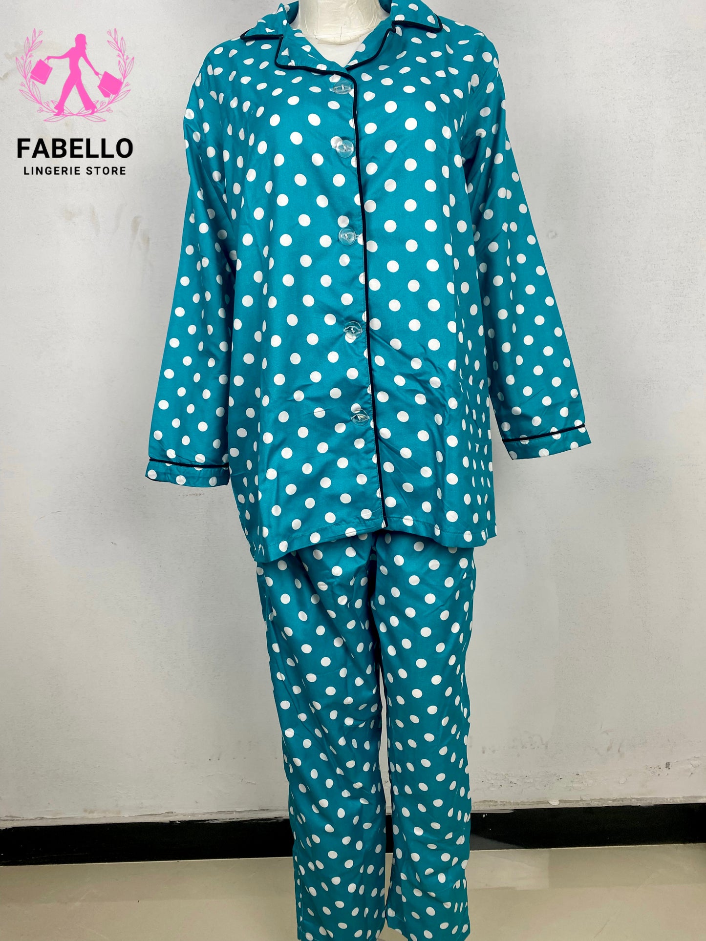 Fabello Turquoise Polka Dot Satin Pajama Set for Women