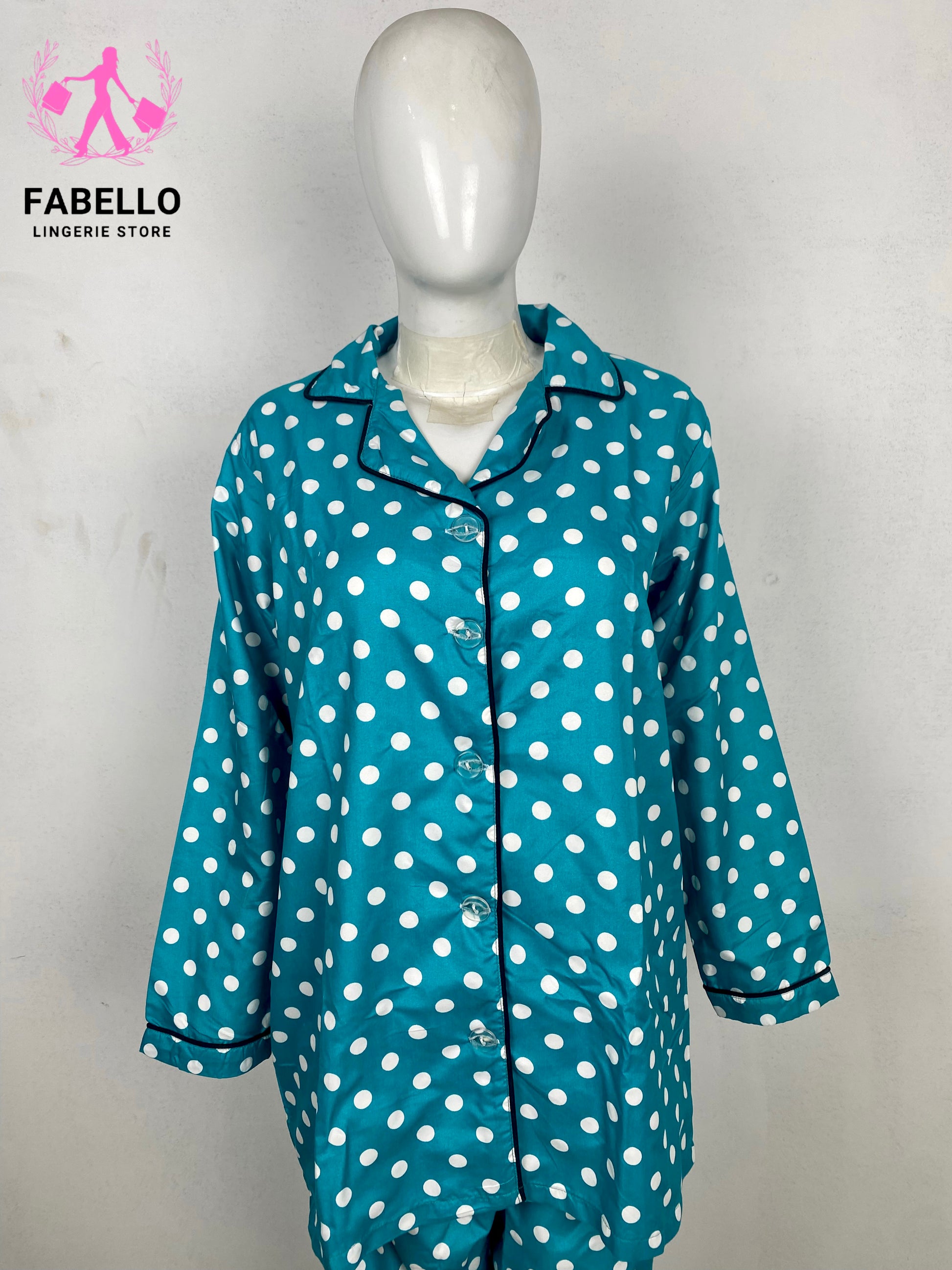 Fabello Turquoise Polka Dot Satin Pajama Set for Women