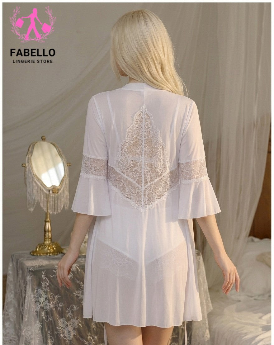 Fabello White Lace Silk Babydoll Lingerie with Sheer Robe for Women