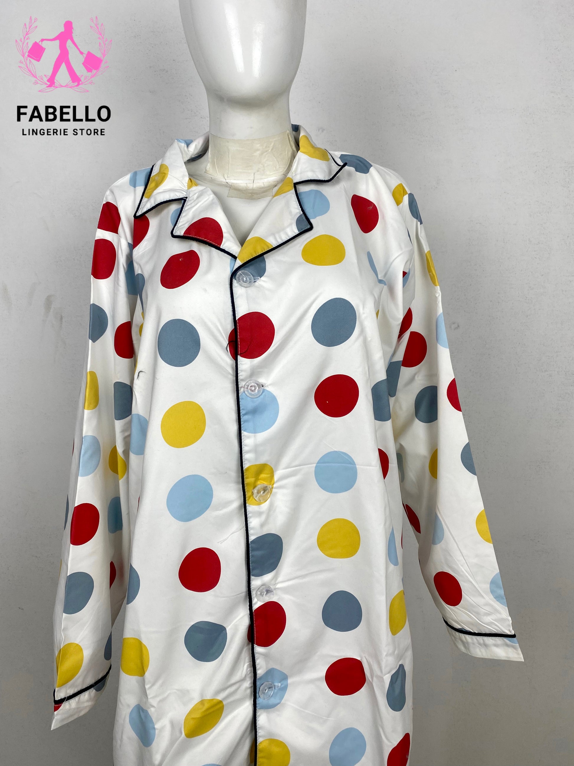 Fabello White Polka Dot Satin Pajama Set for Women