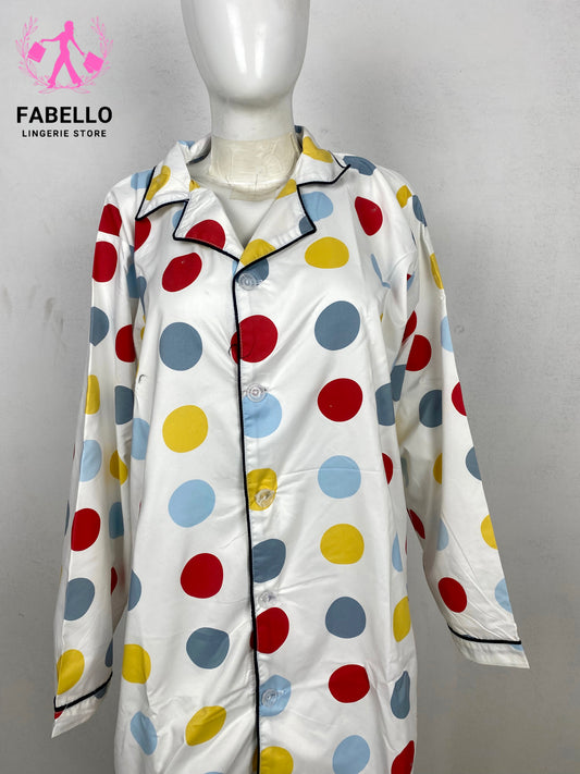 Fabello White Polka Dot Satin Pajama Set for Women
