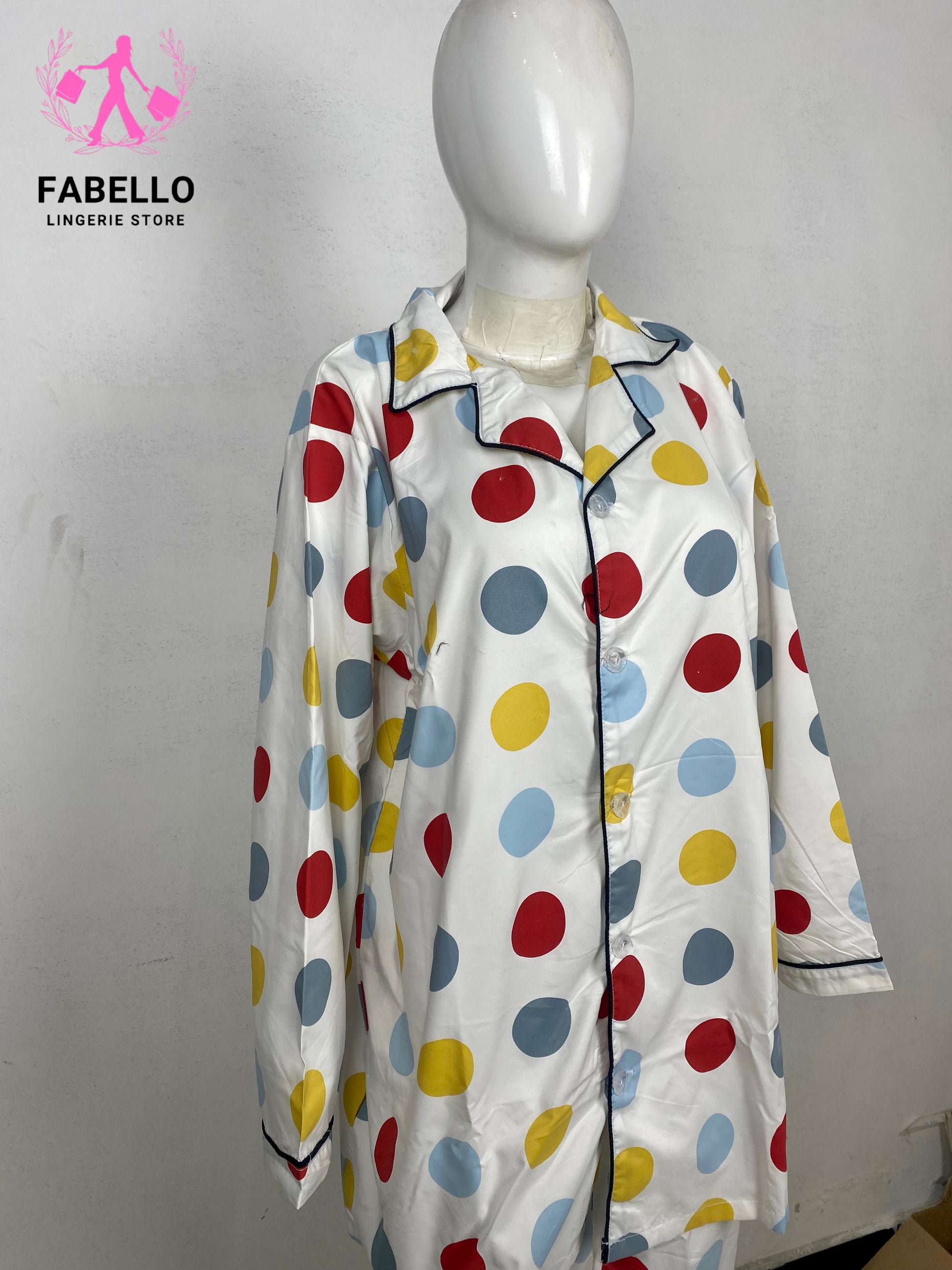 Fabello White Polka Dot Satin Pajama Set for Women