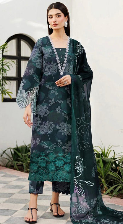 Farasha 3PC Unstitched Printed Suit Green - Winter Wear