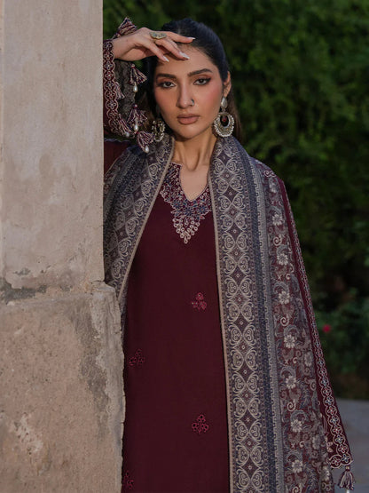 Izel 3PC Dhanak Embroidered  Suit With Twill Shawal Unstitched