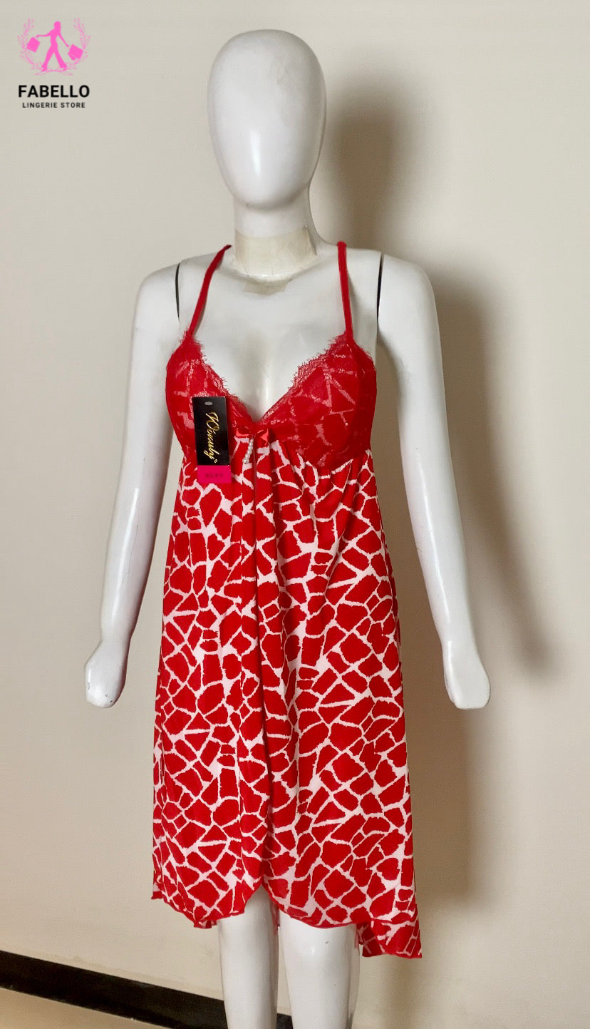 Red Lace Print Babydoll Nighty